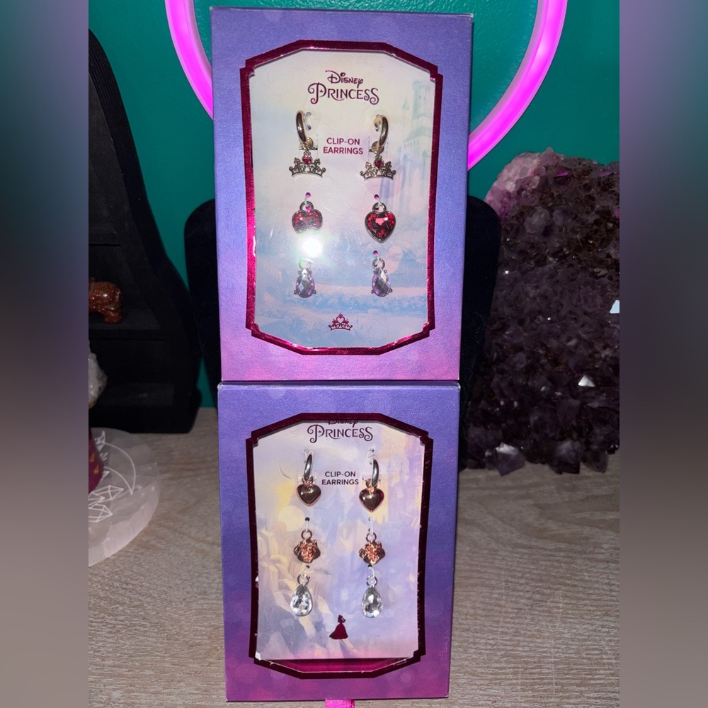 NWT 2 sets Disney Princess Clip on Earring sets rhinestones hearts crowns